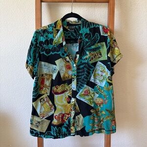 Citron Santa Monica Button up Hawaiian Print Short-Sleeve Shirt - Black & Teal